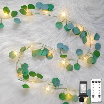 suddus Vines with Lights Plug in, 33ft 100 LED Eucalyptus Garland String Light Connectable with Remote, Leaf Lights for Bedroom, Room, Wall, Garden, Party, Wedding Dorm Decor (Warm White)