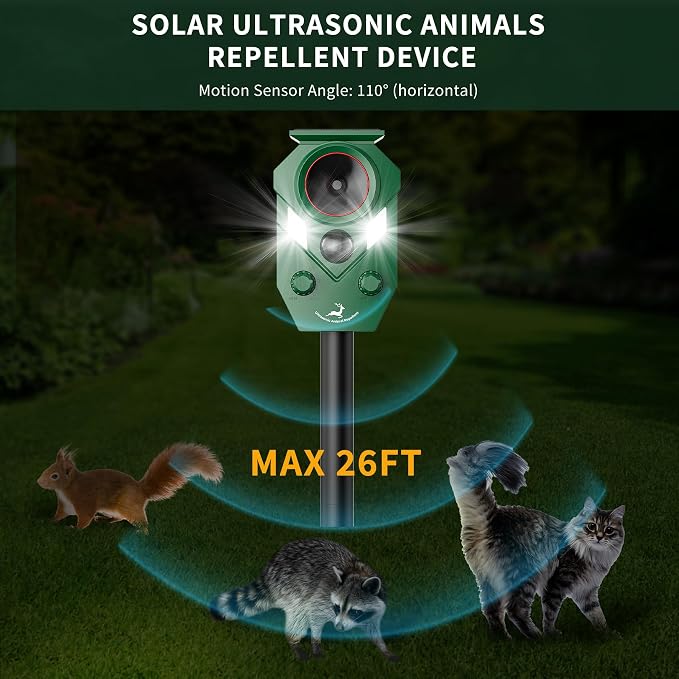 Solar Deer Repellent Devices Outdoor - Ultrasonic Animal Repellent with Motion Sensor & Strobe Lights, 4 Pack Waterproof Cat Repellent Outdoor, Repels Raccoon, Coyote for Garden & Lawn