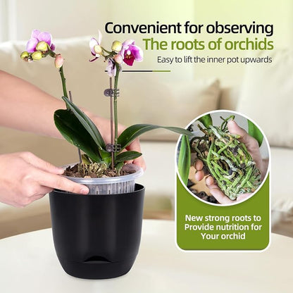 QCQHDU 5.7Inch Orchid Pots with Holes for Repotting, Double-Layer Plastic Self Watering Flower Pots for Indoor Plants with Drainage Holes, Clear Orchid Pot Match Decorative Orchid Container, 5 Packs