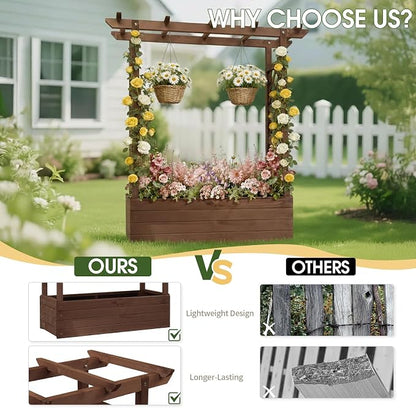 Vasitelan Raised Garden Bed with Trellis, Wooden Elevated Planter Box w/Drainage Holes & Removable Bottom Panels for Climbing Vine Flower, Indoor Outdoor Wood Planter for Yard Patio (Brown)