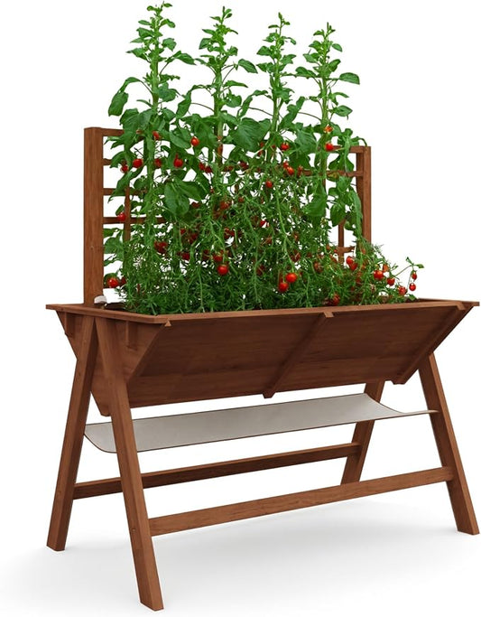 GarveeHome 52x30x54 in Raised Garden Bed with Legs, Elevated Wooden Raised Planter Box with Vine Climbing Trellis Outdoor Standing Growing Bed for Growing Vegetables Flowers Herbs