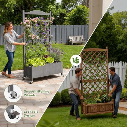 COMHOMA 2 Pack Planter Box with Trellis and Wheels, 48In Elevated Raised Garden Bed, Drainage Holes, Outdoor Lattice for Climbing Flowers, Vegetables, Patio Balcony, Gray