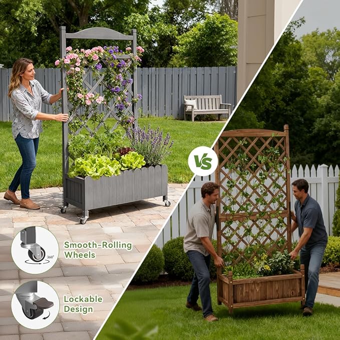 COMHOMA Planter Box with Trellis and Wheels, 48In Elevated Raised Garden Bed, Drainage Holes, Outdoor Lattice for Climbing Flowers, Vegetables, Patio Balcony, Gray