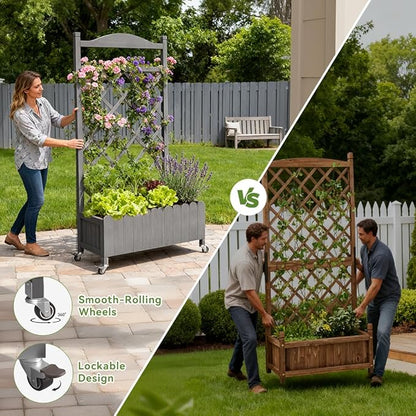COMHOMA Planter Box with Trellis and Wheels, 48In Elevated Raised Garden Bed, Drainage Holes, Outdoor Lattice for Climbing Flowers, Vegetables, Patio Balcony, Gray