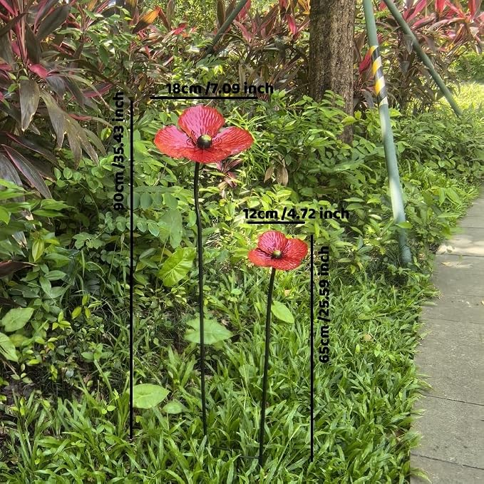 2 Pack Art Deco Metal Poppy Garden Stakes, Iron Flower Decorative Garden Stakes for Outdoor, Flower Theme for Patio, Pathway, Yard and Garden Decor (Red)