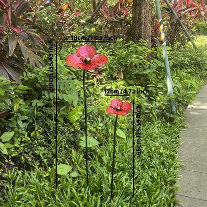 2 Pack Art Deco Metal Poppy Garden Stakes, Iron Flower Decorative Garden Stakes for Outdoor, Flower Theme for Patio, Pathway, Yard and Garden Decor (Red)