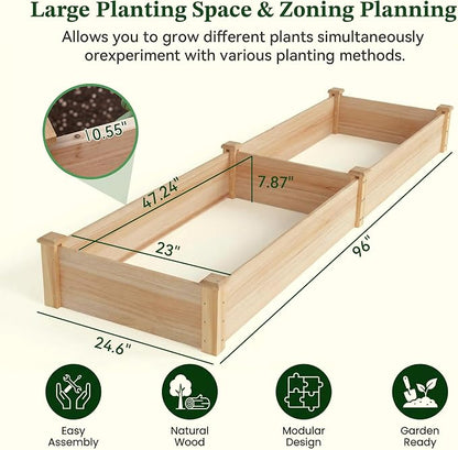 8×2ft Wooden Horticulture Raised Garden Bed Divisible Elevated Planting Planter Box for Flowers/Vegetables/Herbs in Backyard/Patio Outdoor, Natural Wood, 96 x 24 x 9in