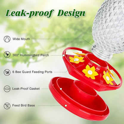 Fchstaer Glass Hummingbird Feeders for Outdoors Hanging 16oz 2 Pack Clear Pineapple Bee & Ant Proof 360°Perch Leakproof Easy Clean with 6 Feeding Ports Gifts for Mom