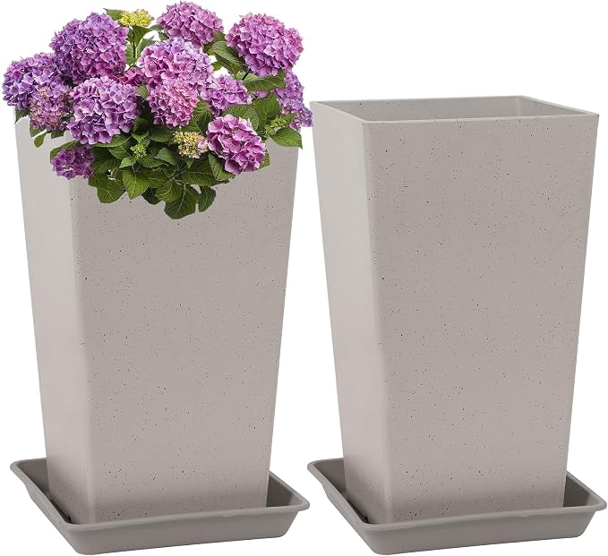 Neoaider Set of 2 Tall Planter, 21 inch Large Plastic Planter, Light Gray | Ceramic-Look, Lightweight, Built-in Drain Hole, Saucers, Tall Outdoor Planter for Porch, Garden, Patio, Balcony