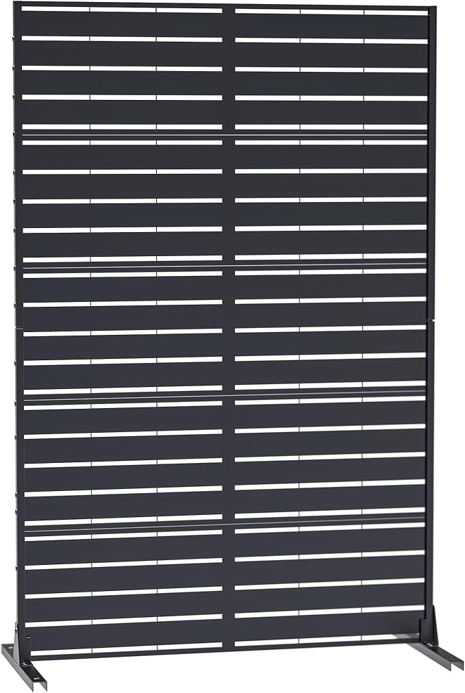 Privacy Screen Outdoor, 72"x44" Room Divider 5-Panel, Freestanding | Slatted Steel Privacy Fence with Ground Stakes, Weatherproof Divider for Balcony, Patio, Deck & Yard