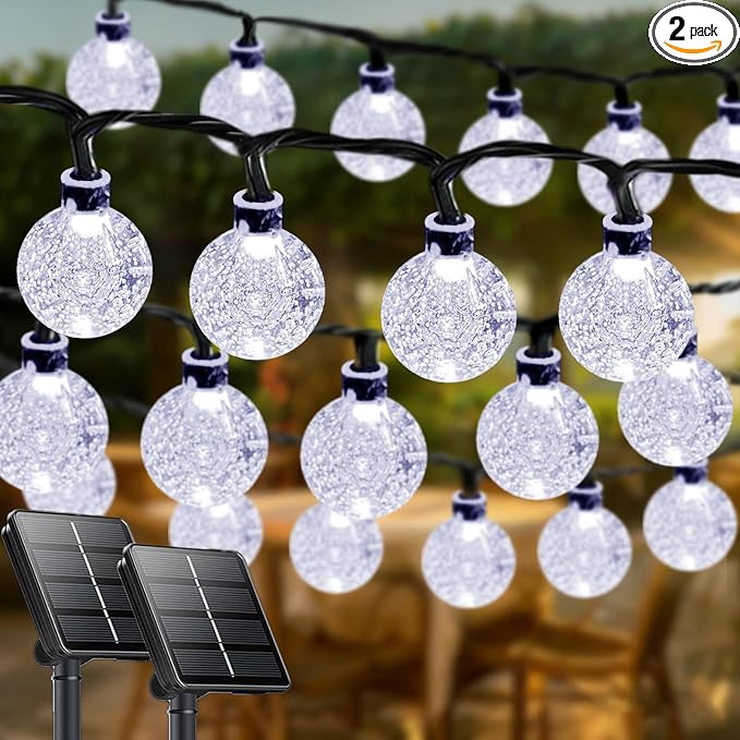 2-Pack 72FT 120 LED White Crystal Globe Solar String Lights Outdoor, Waterproof Solar Powered Fairy Lights for Outside, 8 Lighting Modes Patio Decorations for Garden Yard Porch Wedding Party Tree
