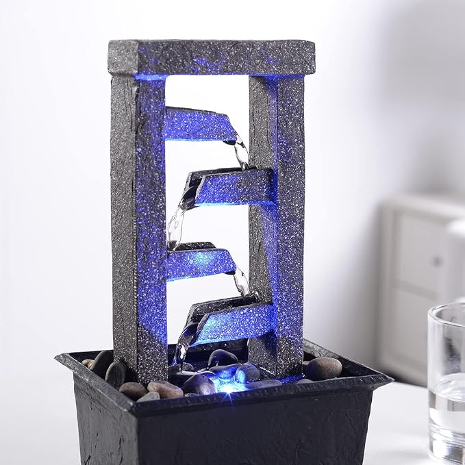 GOSSI 10" 4-Tier Tabletop Waterfall Fountain with Natural River Rocks, LED Lights, Resin Indoor Water Feature for Home Office Decor, Meditation Relaxation Gift