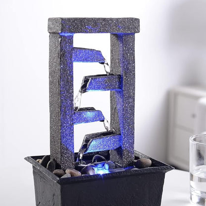 GOSSI 10" 4-Tier Tabletop Waterfall Fountain with Natural River Rocks, LED Lights, Resin Indoor Water Feature for Home Office Decor, Meditation Relaxation Gift