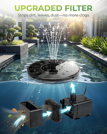 Solar Fountain for Bird Bath, 2026 Upgrade 1.4W Solar Water Fountain Pump with 7 Nozzles, 4 Fixed Pipes, Outdoor Standing Floating Solar Fountain for Garden, Ponds, Pool, Fish Tank, 6.3 Inch
