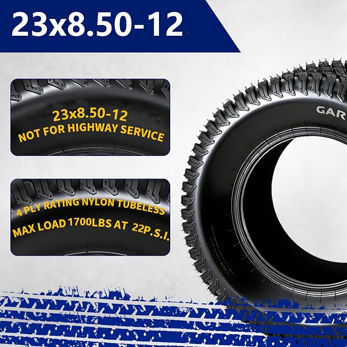 GarveeLife 23x8.5-12 Lawn Mower Tires (Set of 2) - 23x8.5x12 4-Ply Tubeless Garden Tractor Turf Tires, 1700 LB Load Capacity, 22 PSI, for Mowers & Yard Carts