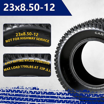 GarveeLife 23x8.5-12 Lawn Mower Tires (Set of 2) - 23x8.5x12 4-Ply Tubeless Garden Tractor Turf Tires, 1700 LB Load Capacity, 22 PSI, for Mowers & Yard Carts