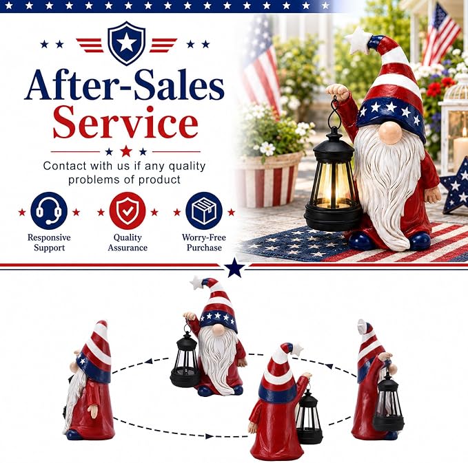 Solar Patriotic Gnome Lantern Statue, 9.4" Independence Day Garden Decor, American Flag Gnome Outdoor Decorations for Patio, Yard, Porch, and Lawn; Memorial Day and 4th of July Decor
