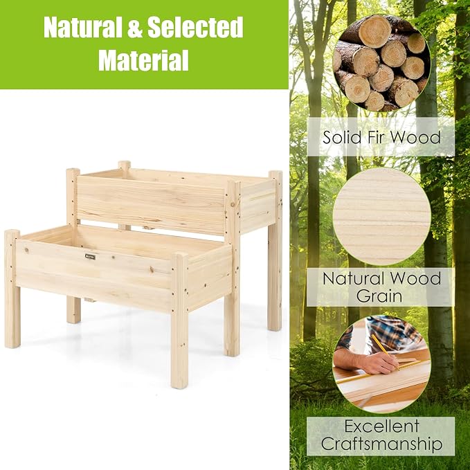 COSTWAY 2-Tier Raised Garden Bed, Sturdy Fir Wood Elevated Planter with Legs for Vegetables, Herbs & Flowers – Indoor & Outdoor Use, Natural Finish