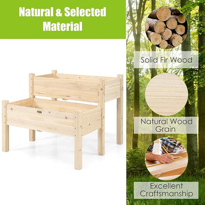 COSTWAY 2-Tier Raised Garden Bed, Sturdy Fir Wood Elevated Planter with Legs for Vegetables, Herbs & Flowers – Indoor & Outdoor Use, Natural Finish
