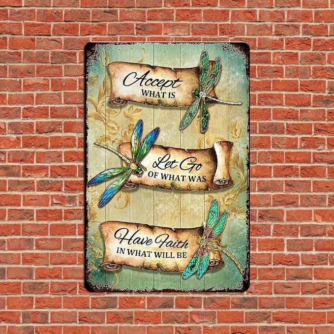Dragonfly Tin Sign Retro Accept What Is Metal Signs Vintage Dragonfly Wall Art Outdoor Garden Decor Dragonfly Gifts For Women Bathroom Sign Home Decoration Let Go Of What Was Have Faith In What Will