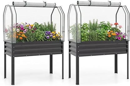 Giantex Raised Garden Bed with Legs & Greenhouse Cover, 44x22x60 Elevated Metal Planter Box with Roll-up Door, Outdoor Mini Greenhouse for Vegetable Flower Herb Patio Balcony (Black,2)