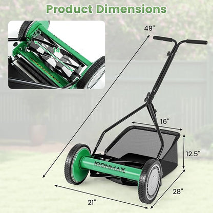 IRONMAX Lawn Mower, 14 Inch Push Reel Lawn Mower with 5 Steel Blades, Adjustable Cutting Heights, Grass Catcher Bag, Walk-Behind Manual Lawnmower for Garden Park Yard, No Motor (Green, 14 Inch)