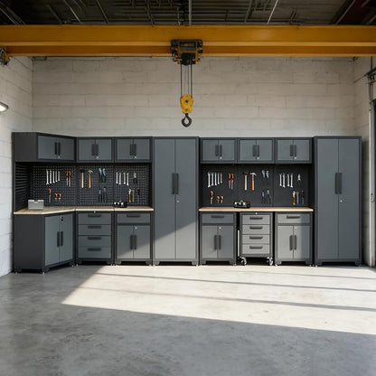 Garage Cabinets and Storage System, 17PCS Garage Storage Cabinet System Corner Workshop Set with Corner Cabinet, Cabinet Drawers, Workbench, Pegboard for Tool Organization, Black Grey