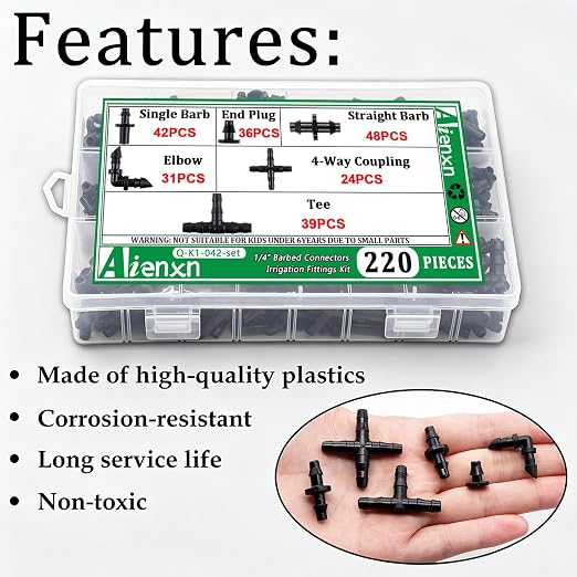 220PCS 1/4" Drip Irrigation Kit Barbed Connectors, Straight Barb, Tee, Single Barb, End Plug, Elbow, 4 Way Coupling Irrigation Fittings for Garden Lawn Flower Pot