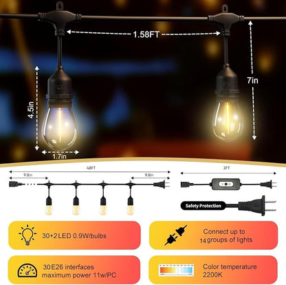 50FT Outdoor String Lights Waterproof with 30+2 Bulbs (1.5FT Bulbs Spacing), Remote & Dimmer, Commercial Grade Patio Lights with 3 Mode Light & Timing,100PC Ties for Outside