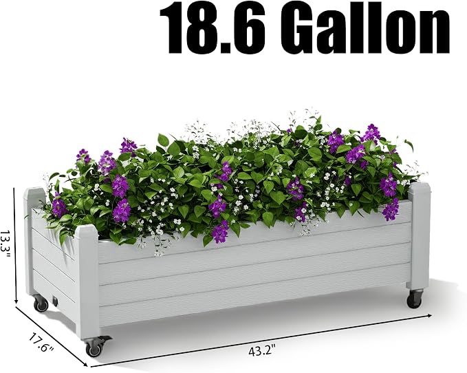 Fancyango Raised Garden Bed with Wheels 13.3" H -Ashen | Resin Elevated Garden Planter Box with Drainage, Outdoor Planter Box for Veggies Herbs Patio Balcony Backyard