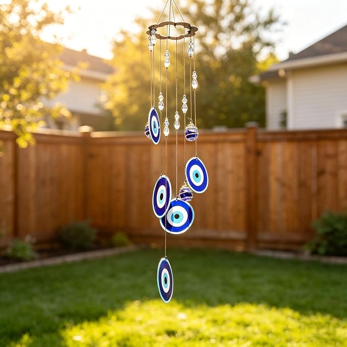YU FENG 19 Inch Blue Evil Eye Wind Chimes for Outside Garden | Metal Hanging Windchime, Glass Bead Design, Rainbow Light Catcher, Outdoor Yard Patio Home Decoration