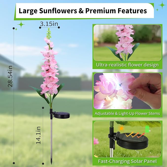 4-Pack Solar Delphinium Garden Decor, 4 LED Flower Stake Lights - Waterproof Long-Lasting Outdoor Solar Patio Decor for Lawn, Yard & Pathway