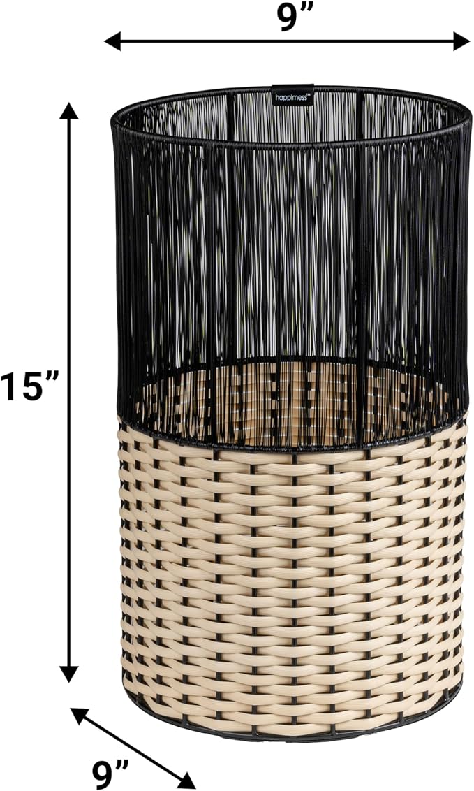 happimess HPM1101D Harper Modern 4.13-Gallon 2-Tone Faux Wicker Cylinder Waste Basket, Black/Cream for Home, Bathroom, Living Room, Office, Bedroom, Kitchen