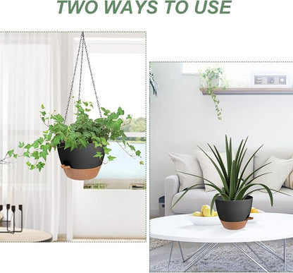 Vanslogreen Hanging Planters for Indoor Outdoor Plants, 2 Pack Self Watering Hanging Pot with Drainage Holes & Removable Tray (Black, 10'')