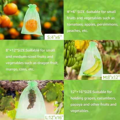 MIXC 100 Pcs Fruit Protection Bags,6''×8''Fruit Netting Bags for Fruit Trees Fruit Cover Mesh Bag with Drawstring Netting Barrier Bags for Plant Fruit Flower, Green