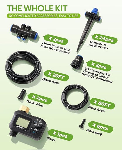 HIRALIY 100FT Drip Irrigation Kit with Timer, Quick-Connect Garden Watering System with 80FT 1/4" Tubing, 20FT Main Hose, 24 Adjustable Drippers for Raised Beds, Lawn & Greenhouse