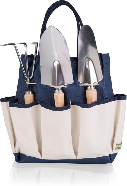Picnic TIME Disney Mickey Mouse Garden Tote with Tool Set, Durable Garden Tool Organizer Bag with 3 Hand Tools and Exterior Pockets, Giftable Gardening Essential, (Navy Blue with Beige Accents)