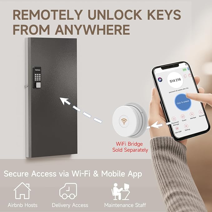 WeHere 120-Key Smart Key Lock Box with Key Management App(Track Key Borrow/Return), Keypad, Bluetooth & WiFi Unlock (Sold Separately), Wall-Mount Commercial Key Cabinet for School, Rental, Office