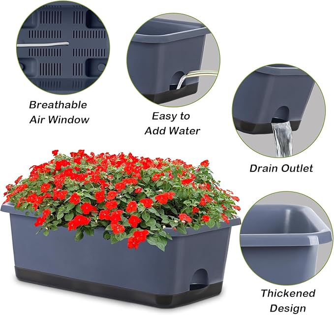 Oliz Window Box Planter 8 Pcs, 17 Inches Rectangle Flower Pots with Drainage Holes and Trays, Vegetable Planters for Windowsill Patio Garden Balcony Home Porch Yard Indoor Outdoor (Grey)