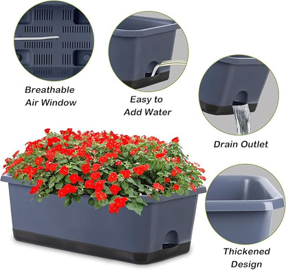 Oliz Window Box Planter 8 Pcs, 17 Inches Rectangle Flower Pots with Drainage Holes and Trays, Vegetable Planters for Windowsill Patio Garden Balcony Home Porch Yard Indoor Outdoor (Grey)