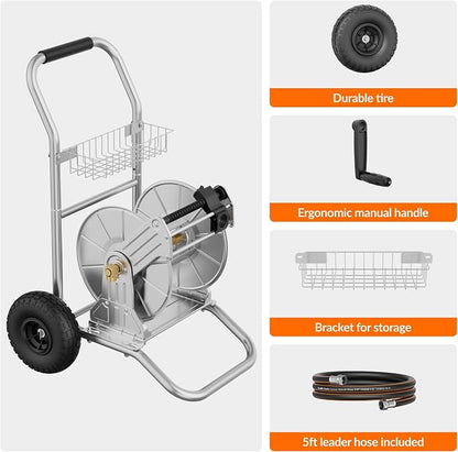 Giraffe Tools Garden Hose Reel Cart with Wheels, Stainless Steel Heavy Duty Water Hose Reel Cart, 200 ft of 1/2 Capacity, Mobile for Outside