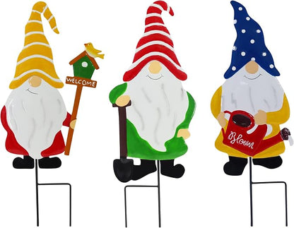 Garden Gnomes Decorative Stakes, 3-Piece Metal Silhouette Elf Decor | Outdoor Iron Yard Silhouettes Set, Waterproof Weather Resistant Elf Lawn Ornaments for Patio Porch Wall Decoration