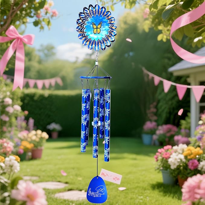 Memorial Wind Chimes with Animated Butterfly Wind Spinner, Wind Chime Outdoor Clearance, 33 inch Sympathy Windchimes, Outdoor Garden Decor & Heartfelt Gifting, Suitable as A Gift for Unisex