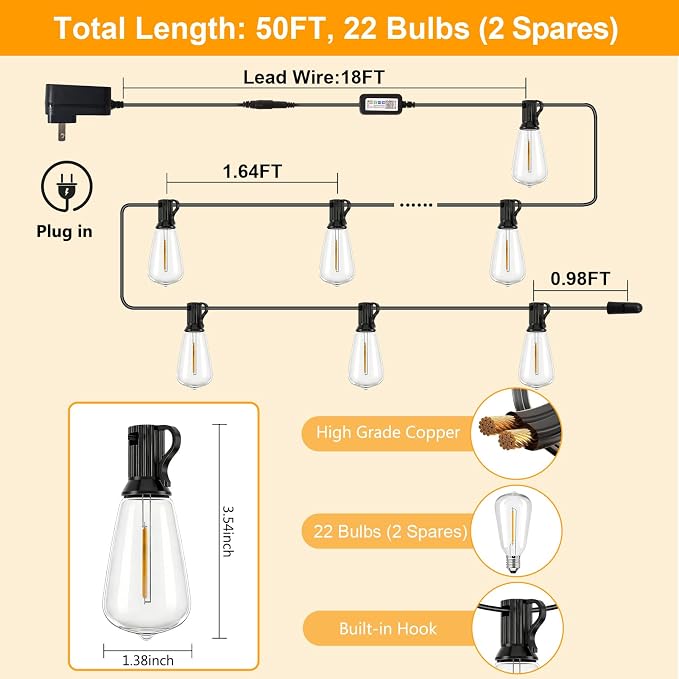 LumBelle Smart Outdoor String Lights, 50FT ST38 LED Patio Lights with Timer Remote APP Control, 22 Shatterproof LED Bulbs (2 Spare), Dimmable Waterproof Hanging Light for Backyard Porch Party Decor