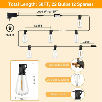 LumBelle Smart Outdoor String Lights, 50FT ST38 LED Patio Lights with Timer Remote APP Control, 22 Shatterproof LED Bulbs (2 Spare), Dimmable Waterproof Hanging Light for Backyard Porch Party Decor