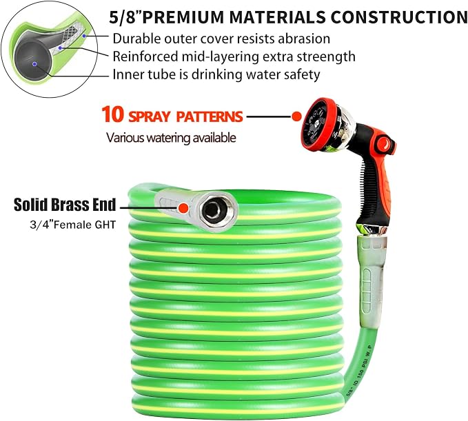 HQMPC Garden Hose 5/8"IDx100' Hose for lawn irrigation Hybrid Hose with Swivel Handle For Garden watring durable Water Hose with Brass Hose Fittings (100 FEET) Light Green