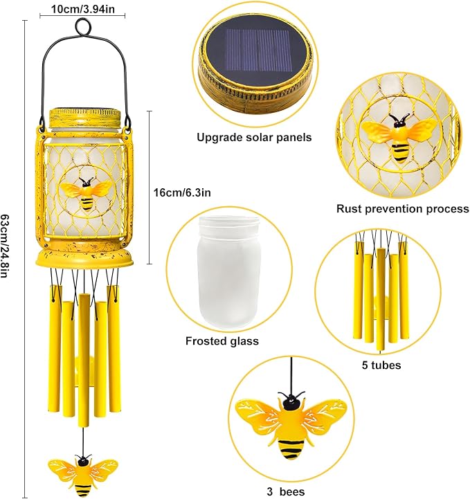 2 Pack Solar Bee Wind Chimes for Outside for Mom Women Grandma,Solar Bee Mason Jar Wind Chime Light Unique Hanging Wind Chimes Outdoor,IP65 Waterproof, for Yard Garden Terrace