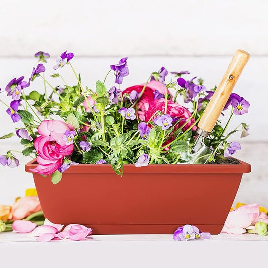 CHUKEMAOYI Window Box Planter, 7 Pack Plastic Vegetable Flower Planters Boxes 17 Inches Rectangular Flower Pots with Saucers for Indoor Outdoor Garden, Patio, Home Decor (Red)