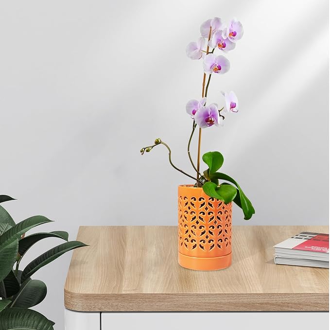 Orchid Pots 4 Inch Ceramic Orchid Pot with Holes, Plant Pot for Repotting, Flower Planter Pot Indoor Outdoor, Breathable Slotted Orchids Planter Orange