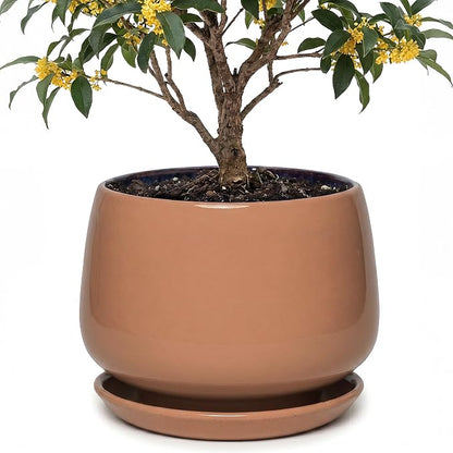 10.3 Inch Ceramic Planter with Saucer,Modern Garden Pots with Drainage Hole Mesh Net, for Indoor Outdoor Use (Reddish Brown)